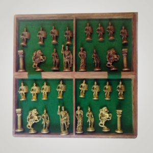 Brass and copper metal pieces and wooden board